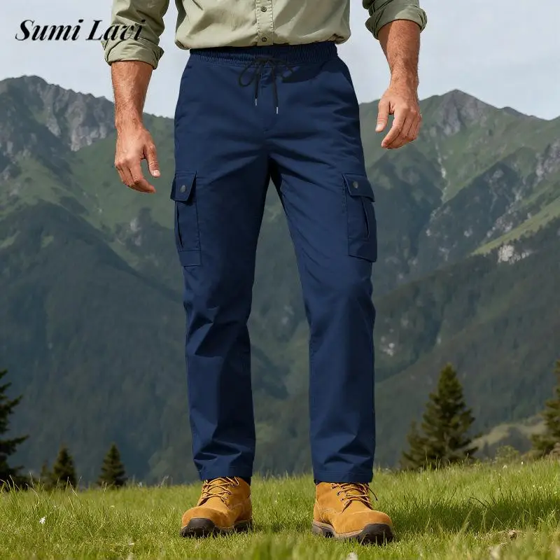 

Весенне-осенние повседневные мужские брюки, винтажные брюки-карго с несколькими карманами на шнурке, мужские модные однотонные прямые брюки
