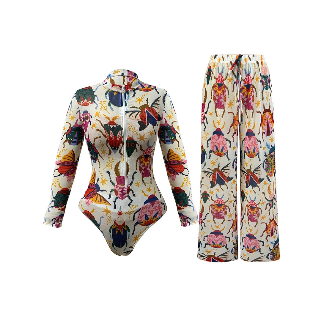 S - XXL Neu mit Hose, Reißverschluss, bedruckt, langärmelig, einteiliger Badeanzug, Damen-Badebekleidung, gepolsterter Badeanzug, Badeanzug, Modell V8113 – Detail 2