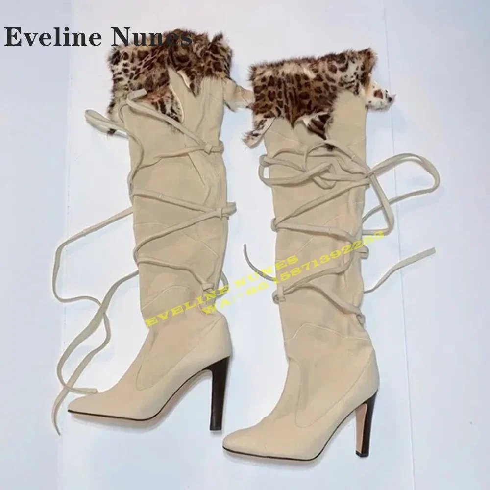 

Leopard Fur Cross Tied Patchwork Modern Boots Pointed Toe Thin Heels Pull On Patchwork Sexy Knee High Boots Plus Size Spicy Girl