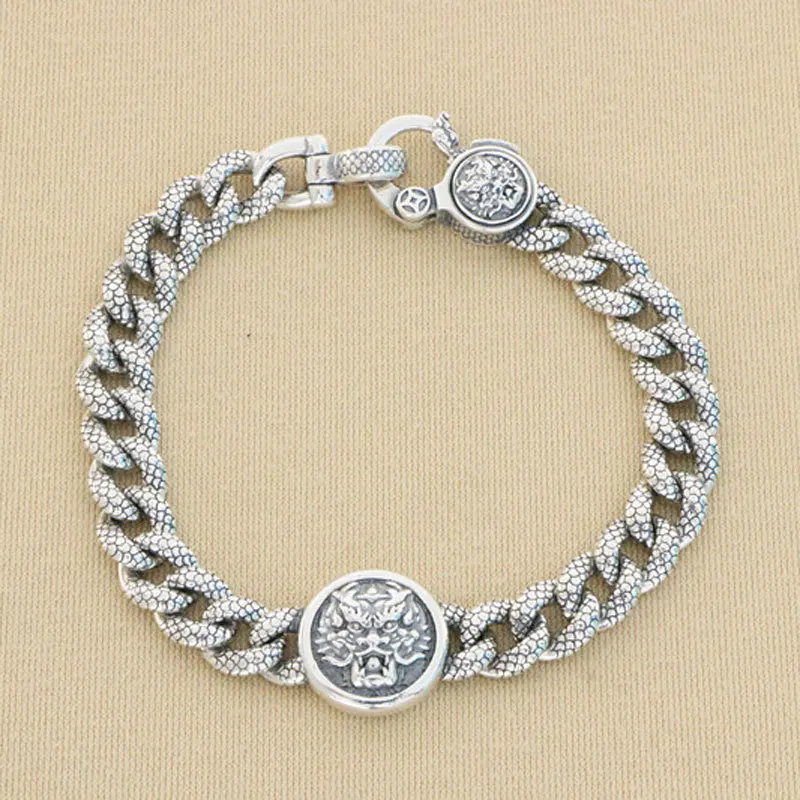 

Antique S925 Silver Dragon Pattern Bracelet Thai Silver Retro Trendy Men's Personality Domineering Thick Silver Bracelet Trendy