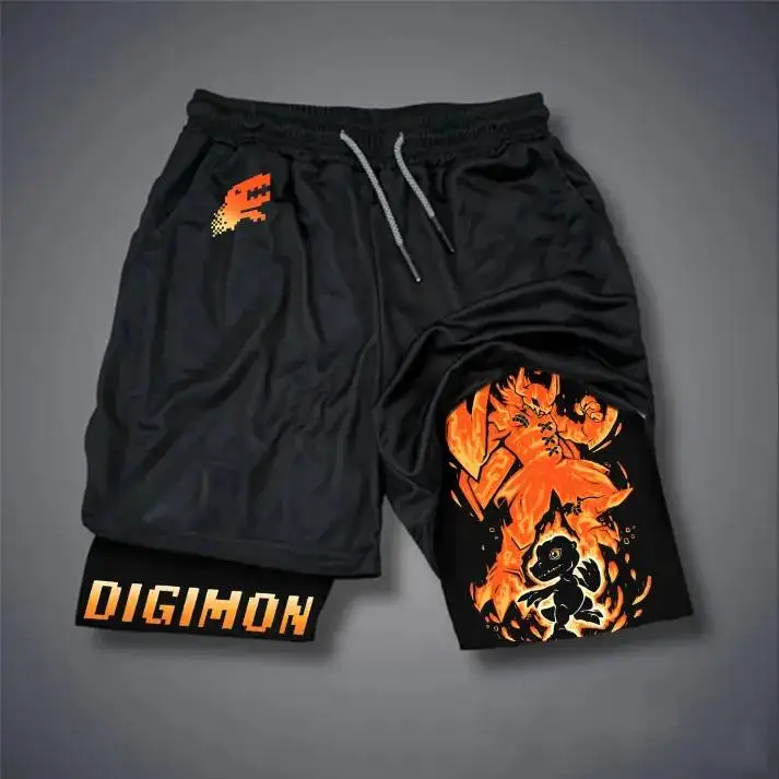 Shorts esportivos masculinos de 2 camadas com estampa Digimon Garurumon Blue Wolf e design gráfico roxo para anime casual streetwear