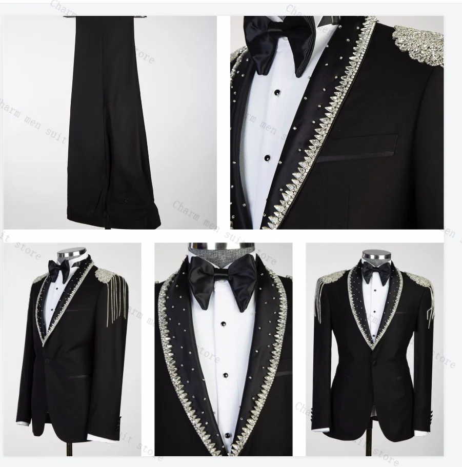 

Luxury Crystals Beading Men Suit Set 2 Piece Blazer+Pants Trousers Black Customized Formal Office Jacket Wedding Tuxedos Coat