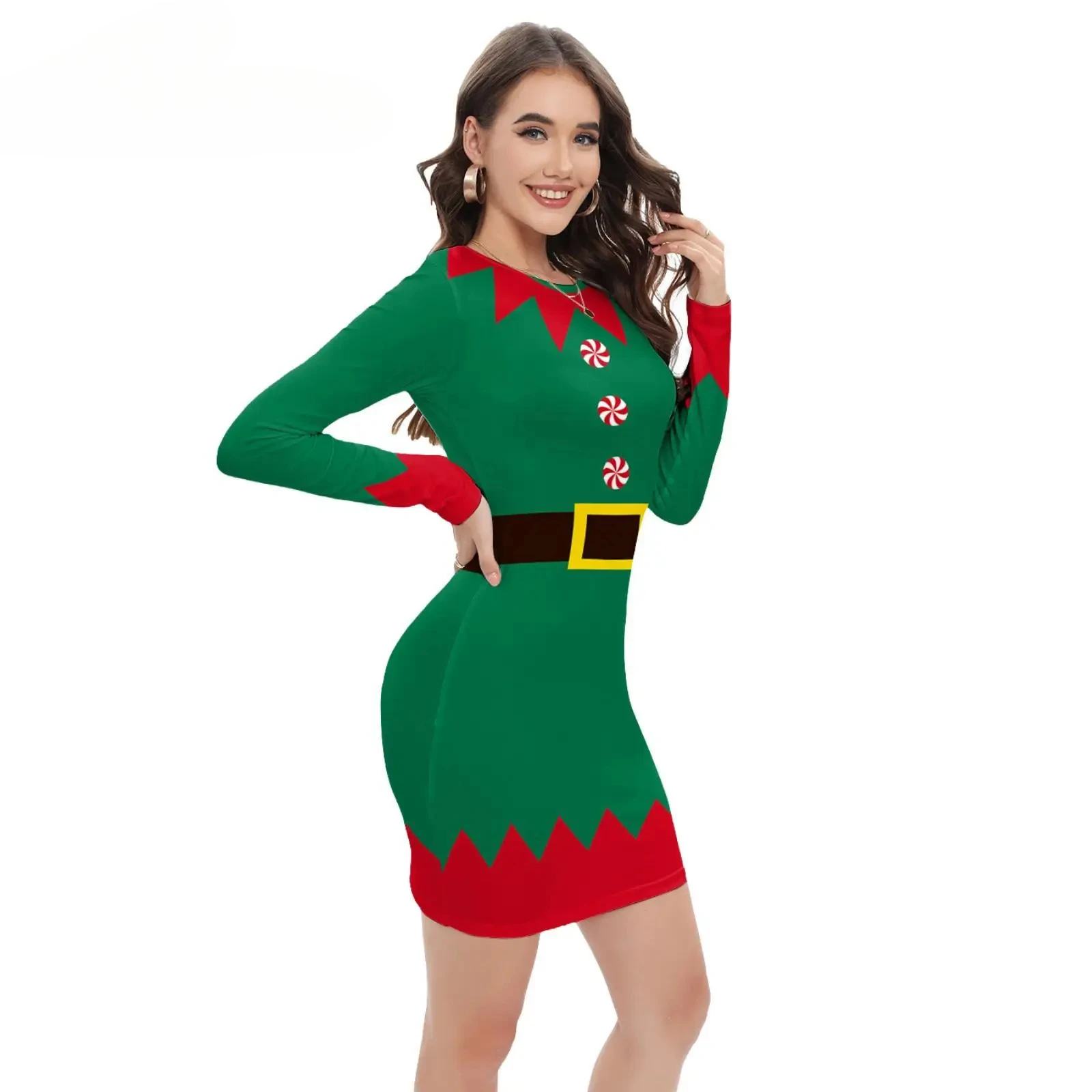 Gingerbread Man Women Christmas Dress 3D Printed Elf Dresses Sexy Bodycon Dress Fancy Green Hands Xmas Holiday Clothing