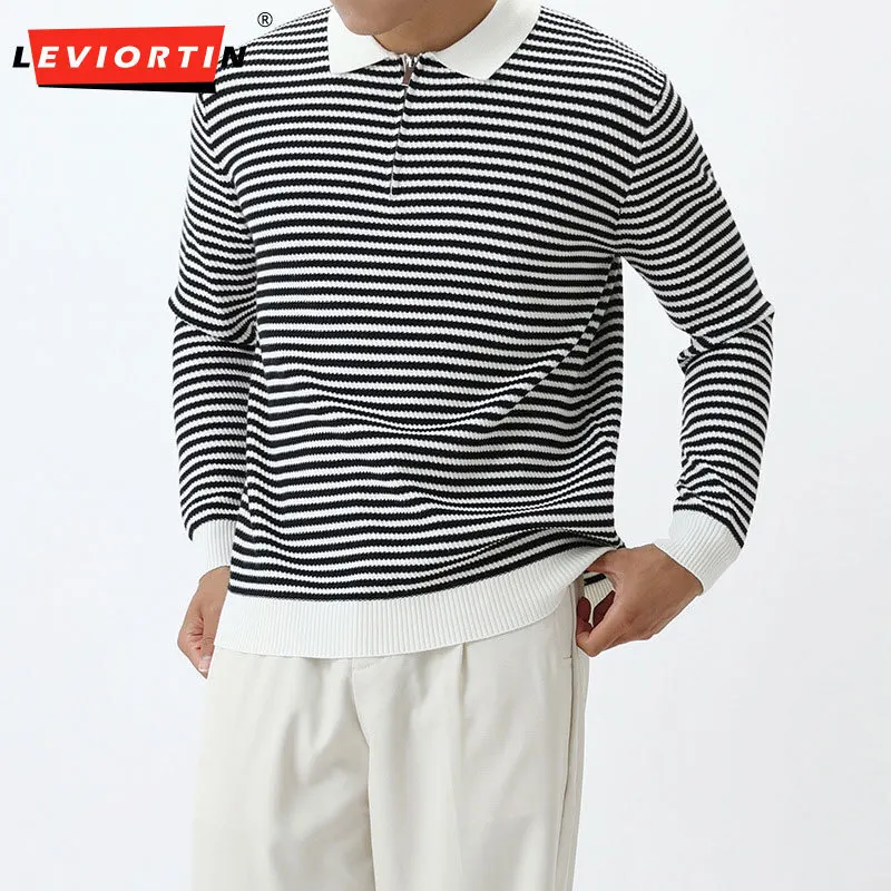 

Мужской американский легкий роскошный повседневный полосатый вязаный свитер модный воротник свободный свитер на молнии с половиной рубашки поло