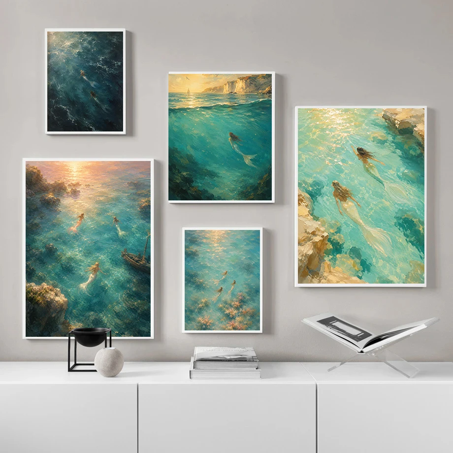 Sunlit Mermaid Reef  Deep Sea Fantasy Posters Painterly Mermaid Coastal Prints Canvas Painting Wall Art Picture Home Room Decor