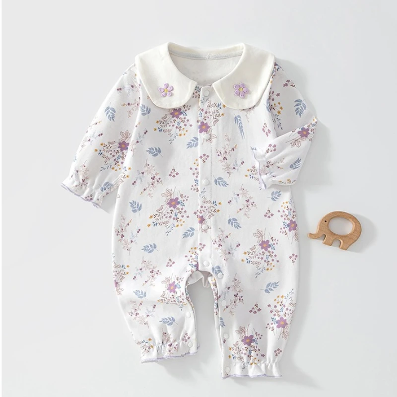 Frühlings-Herbst-Baby-Strampler aus weicher Baumwolle mit langen Ärmeln und Peter-Pan-Kragen, atmungsaktiver Blumen-Jumpsuit für Neugeborene von 0-18 Monaten. – Detail 1