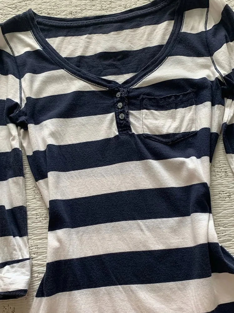 

Blue Striped Slim Fit T-irt Original Retro Design Casual Sle ort Sve Cotton Blend Summer Top for Women