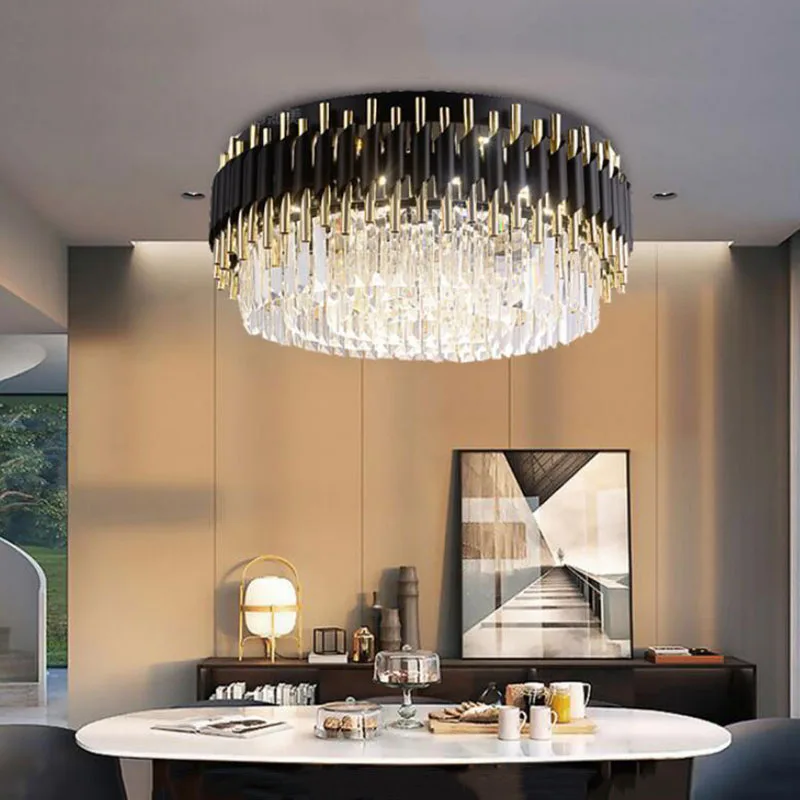 

Modern Luxury Black + Gold Chandeliers For Living Room Crystal Light Fixture Round LED Bedroom Lamp