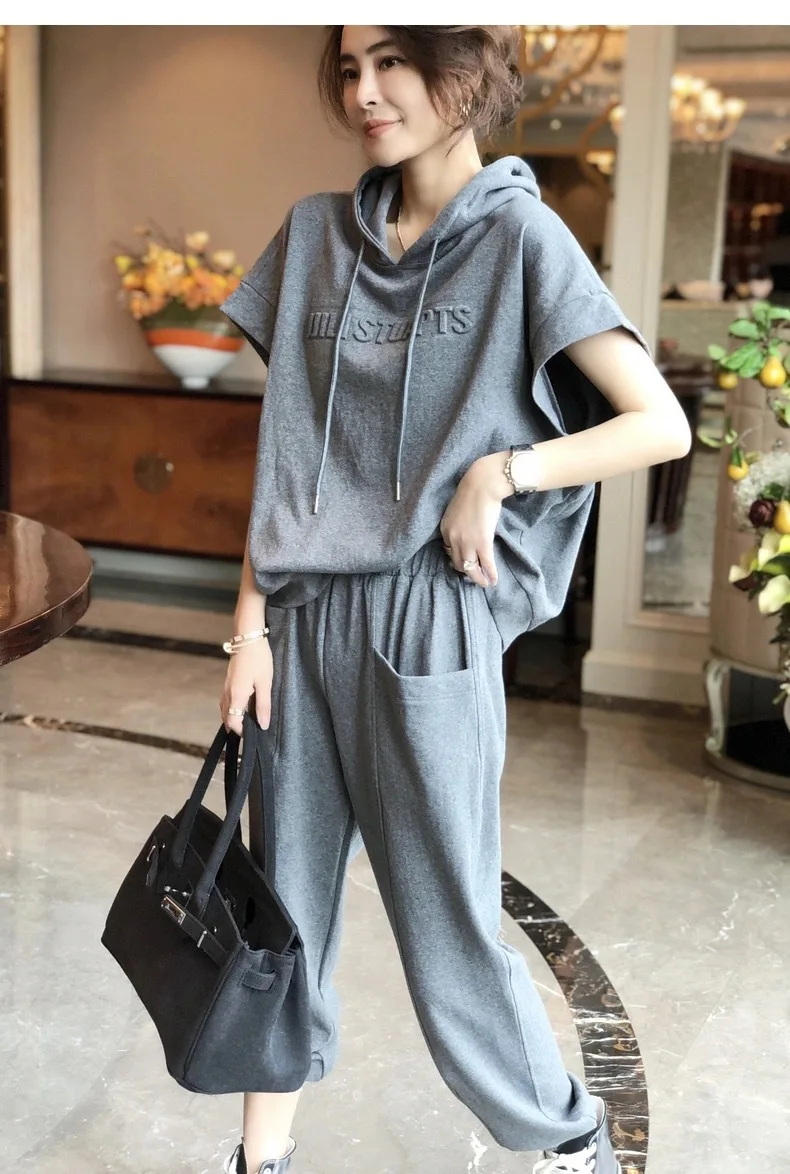 المرأة الصيف بلايز قصيرة الأكمام كاب Sweatershirt تيز السراويل كامل طويل بانت جيب تي شيرت دعوى الرياضة عارضة الدعاوى مجموعات