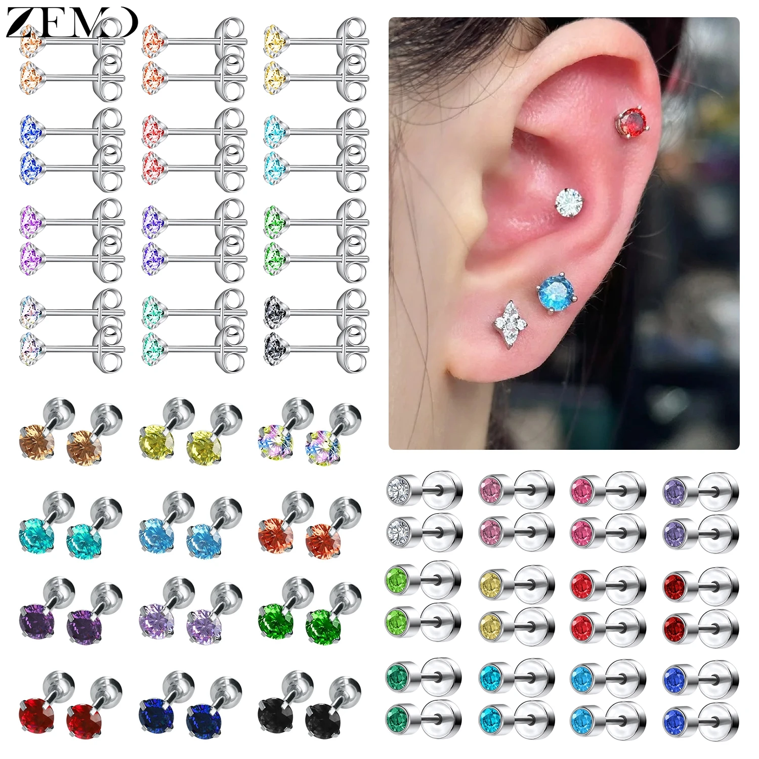 

ZEMO 12 pairs/lot Stainless Steel Stud Earrings Colorful CZ Crystal Ear Studs Round Basic Conch Cartilage Helix Piercing 20G/16G