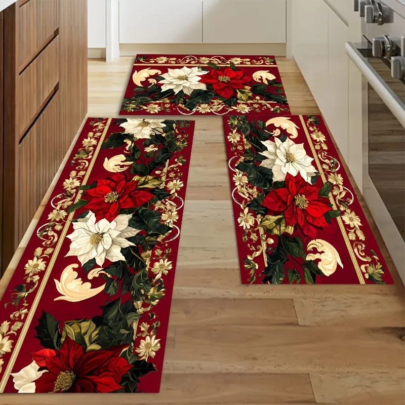 VIKAMA Luxury Christmas Kitchen Rug Set Non Slip Washable Poinsettia Golden Border Mat Holiday Decor for Christmas Indoor Home