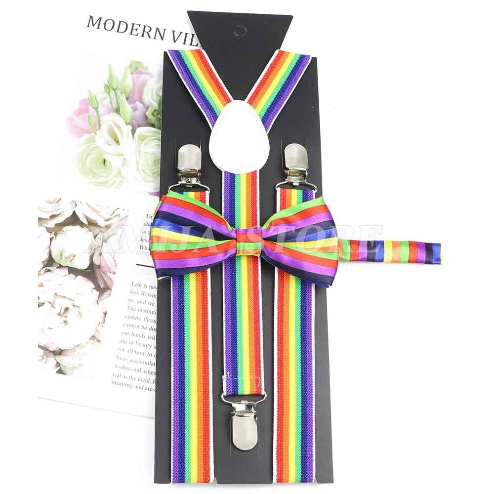 Mode Unisex Jarretel Set Muzieknoot Stave Regenboog Bretels Met Bowtie Clip-On Elastische Y-Back Heren Bandjes Vlinder Party Gi