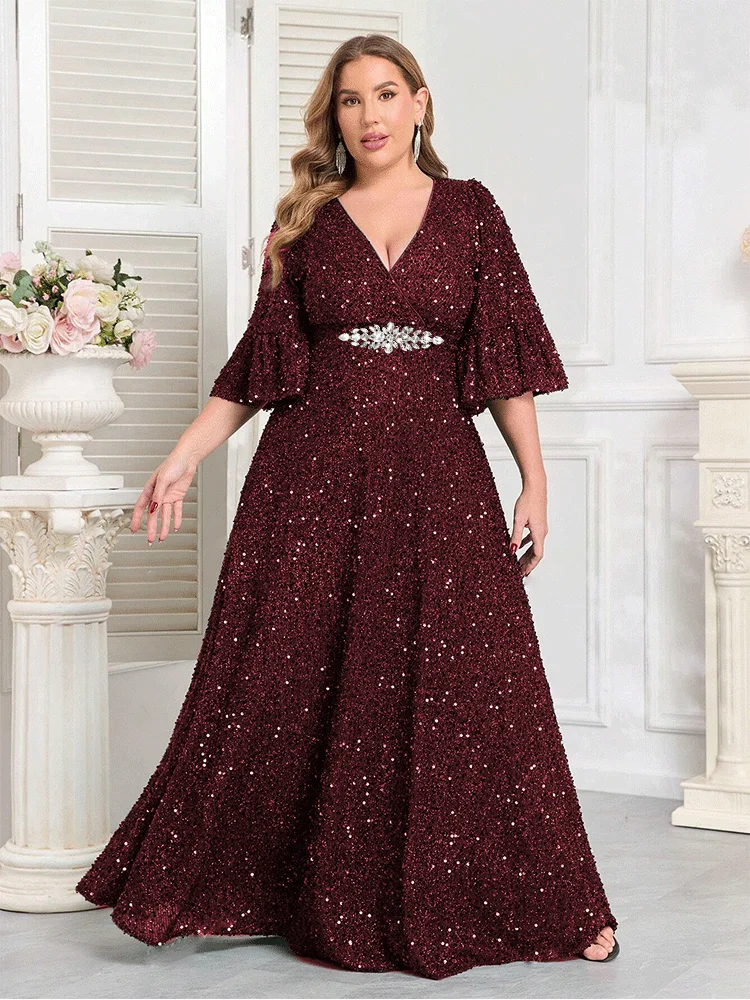 Plus Size V Neck Short Sleeve Floor-length Kind Sequin Evening Dress 4XL 5XL BigSize Wedding Banquet Floor-length Prom Gowm