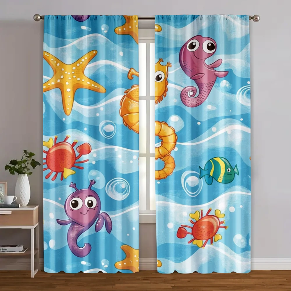 2pcs, Curtains Underwater World Machine Washable (without rod) Gifts Use for Bedroom & Living Room, Semi-Sheer Polyester Drapes