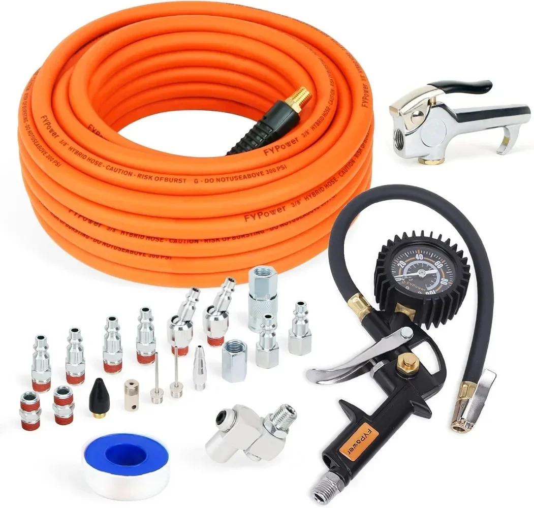 

22 Pieces Air Compressor Accessories Kit, 3/8 Inch X 50 Ft Hybrid Air Compressor Hose Kit, 1/4" NPT Quick Connect Air Fittings