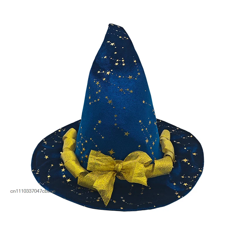 Glitter Star Print Wizard Witch Hat With Star Chain Pendant Pointed Wide Brim Magic Hats Halloween Carnival Cosplay Accessory
