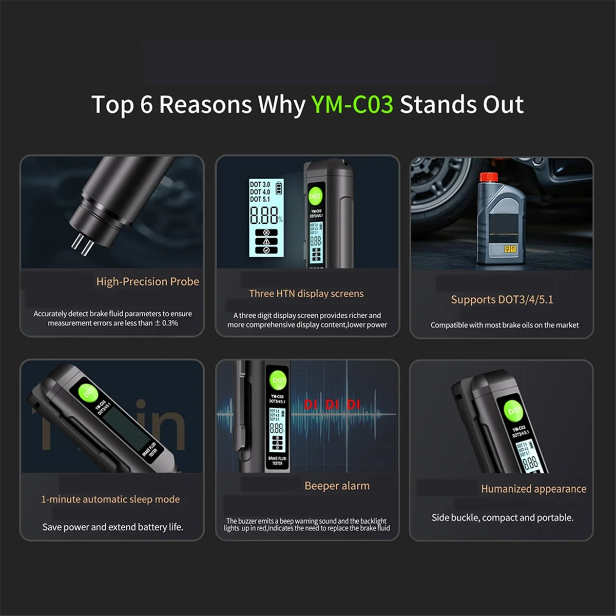 ABJN-Mini Tester Oleju Hamulcowego Detektor DOT3/DOT4/DOT5.1 Samochodowy Tester Płynu Hamulcowego z Metalową Sondą i Sygnałem Dźwiękowym