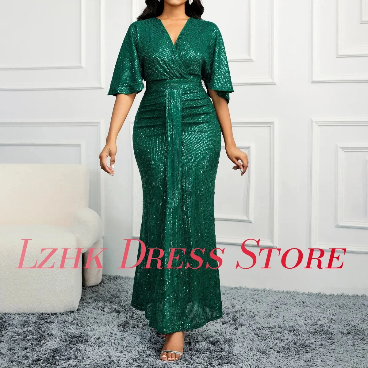 カスタマイズされたファッションスパンコールマーメイドイブニングドレス高品質半袖 V ネック足首丈ウエディングドレスカスタムサイズ