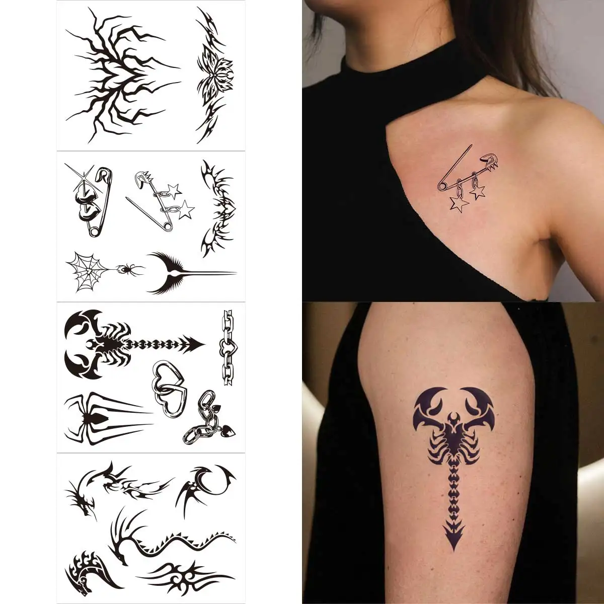 4pcs Black Dragon Temporary Tattoo Stickers for Women Men Realistic Scorpion Thorns Totem Fake Tattoo Arm Tattoos Body Art