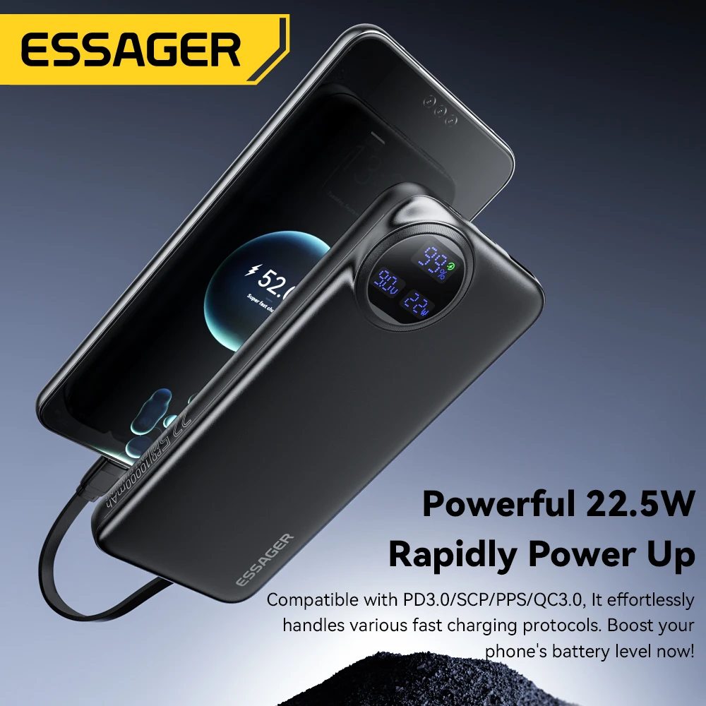 Essager 20000mAh Portable Power Bank With 2 Cables 22.5W Digital Display Powerbank For iPhone 15 14 Samsung Huawei Power Bank