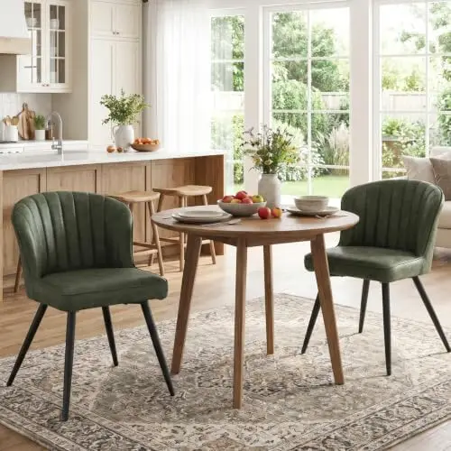 Modern Upholstered Dining Chairs Set of 2 Green Leather Dining Room Chairs Armless Kitchen Chair with Black Metal Legs