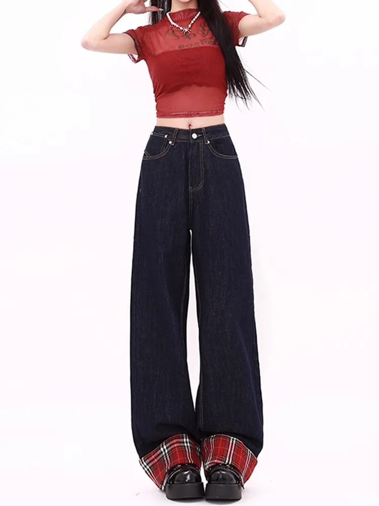 Celana Jeans Wanita Ukuran Besar Motif Kotak-kotak Amerika, Model Kaki Lebar, Longgar, Slim Fit, Lurus, Panjang, Pinggang Tinggi, Warna Gelap, untuk Musim Gugur dan Musim Dingin