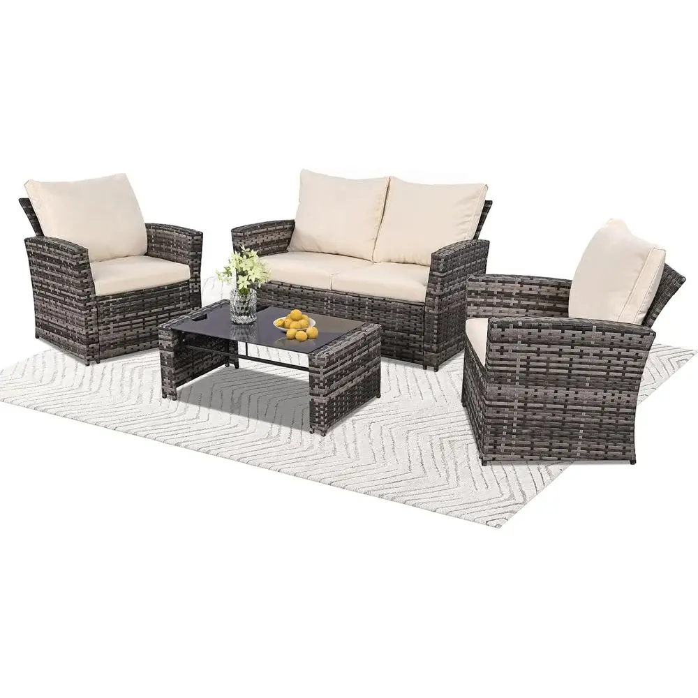 All-Weather Wicker Patio Sectional Sofa Set, Grey/Beige | Hand-Woven Rattan | Tempered Glass Top | Durable Fabric | Suitable for