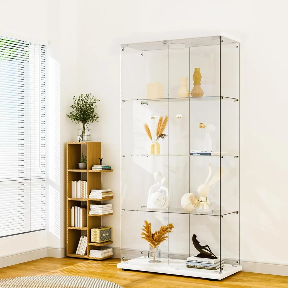 Glass Display Cabinet, 4-Shelf 2 Doors with LED Push Light & Lock, Tempered Glass Curio Display Cabinet Standing Glass Bookshelf