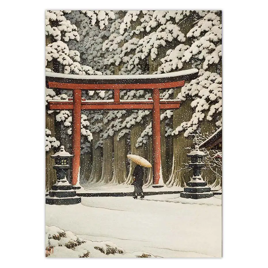 Snow at the Shrine Entrance Hakone Gongen Kawase Hasui Vintage Japanese Art Poster Wall Art Canvas Print Painting Home Decor