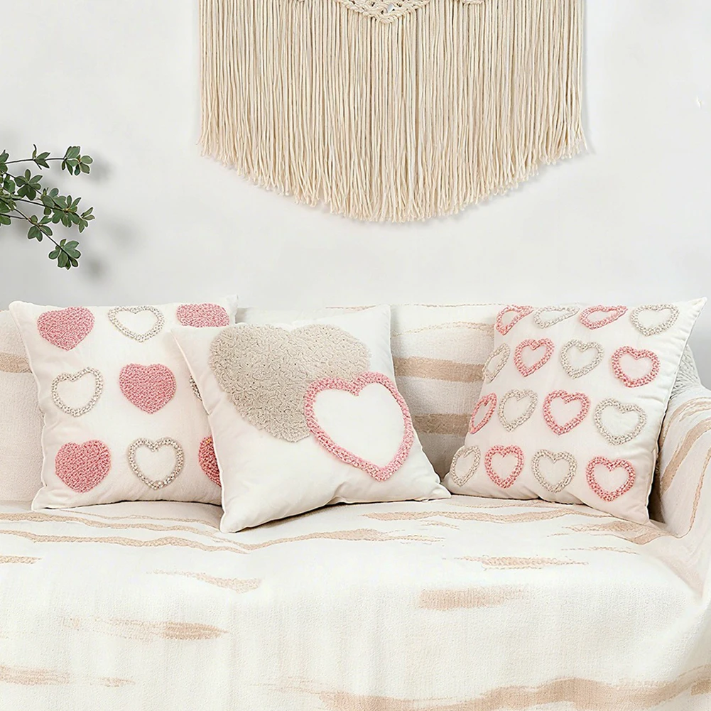 1PC Tufted Heart Cushion Cover for Sofa Bedroom Pink Valentine's Day Pillowcase Romantic Home Decor Gift 18x18 Inches