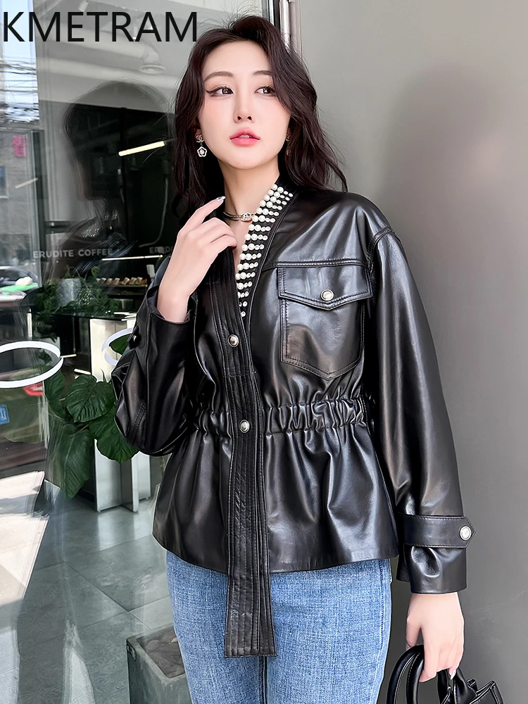100% Sheepskin Jacket Woman Motorcycle V-neck Black Genuine Leather Jackets New in Outerwears Fall Clothes 2025 Women дубленка