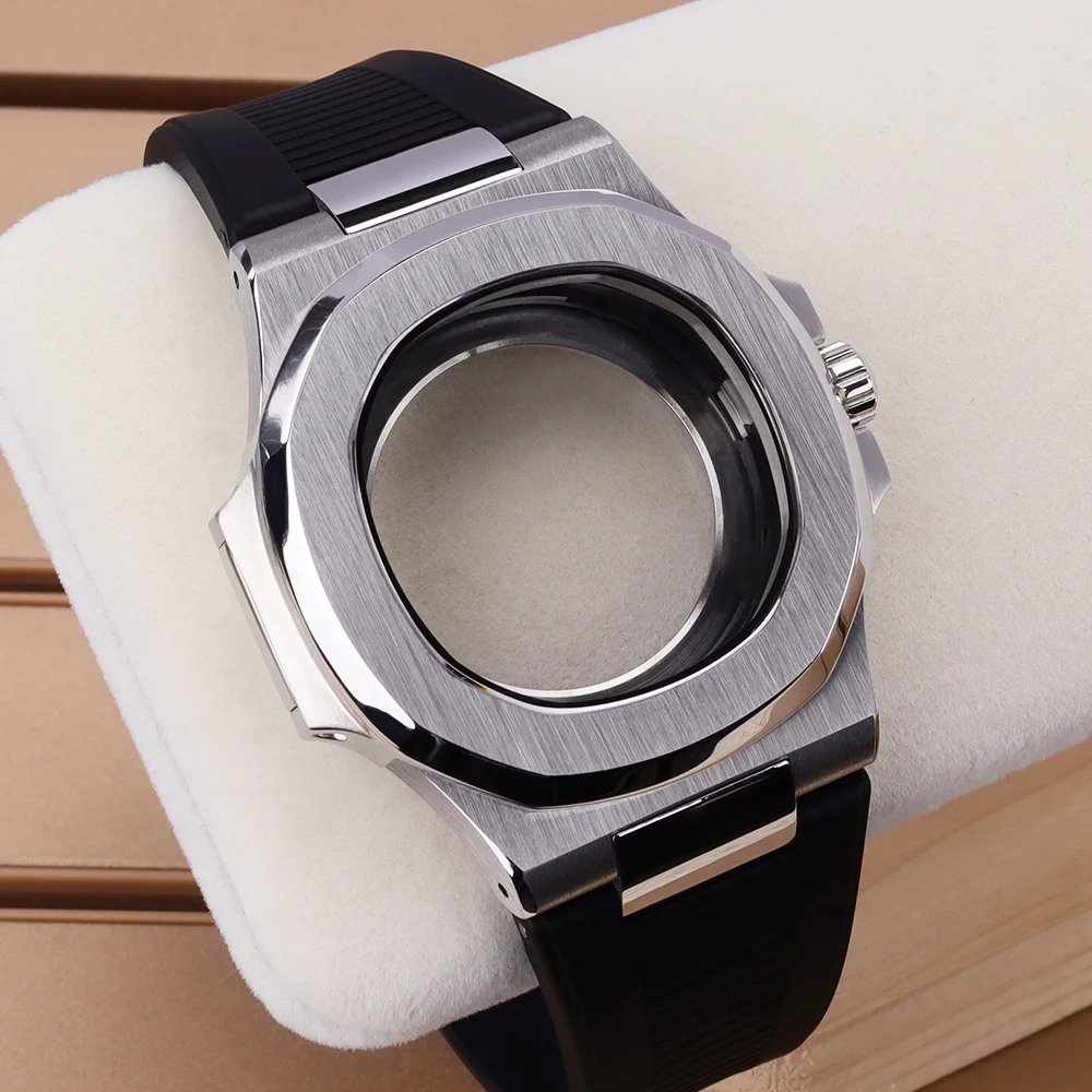 NH38 40mm Solid stainless steel Watch Case Rubber Strap For Mod Nautilus 30.5mmDial NH35 NH36 NH34 NH38 NH72 Movement glass back