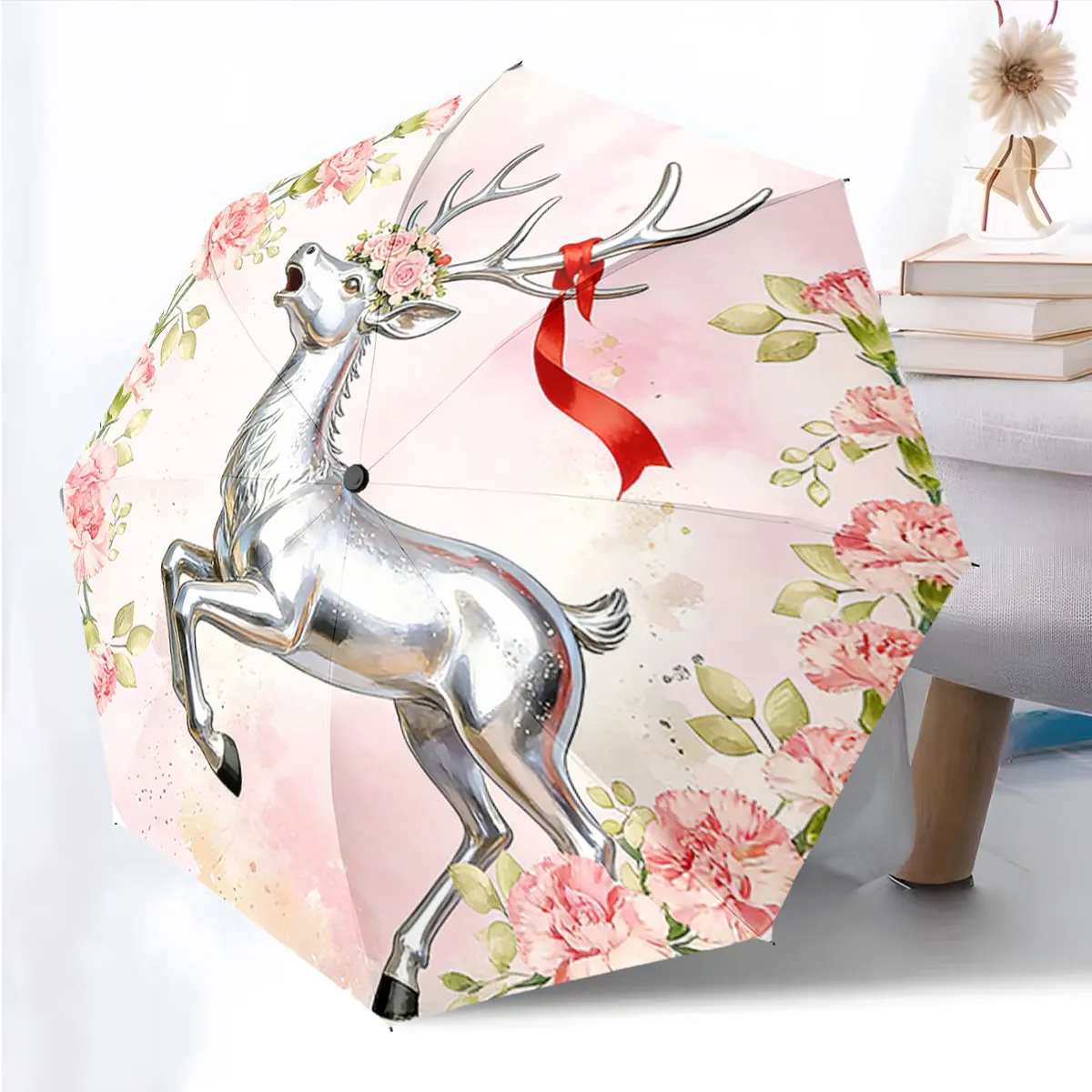 1PC Enchanted Deer Umbrella with Floral Design Print 8 Iron Ribs Folding Umbrella Auto-Open Fashion Sunshade