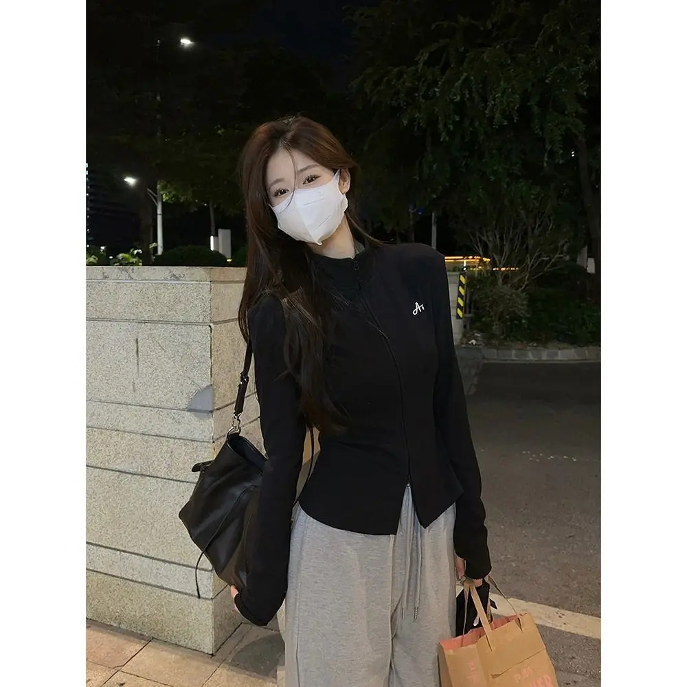 Long Sleeve Embroidered Slim Fit T-Shirt Women's Early Autumn Simple Design Korean Style Stand Collar Cardigan Top