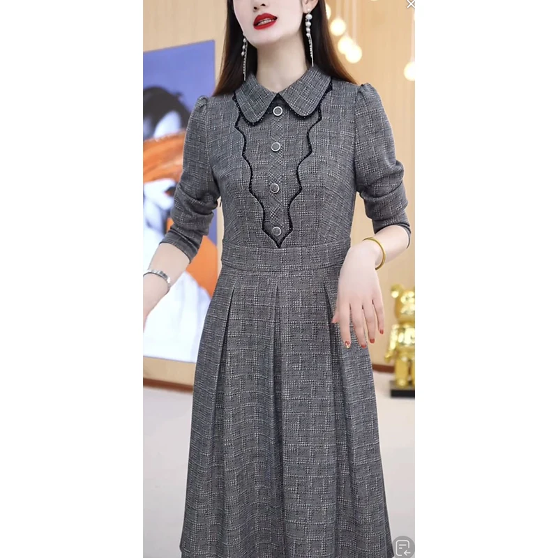 Spring Autumn Doll Collar Vintage Plaid Printing A-line Dress Female Long Sleeve Elegant Fashion Waist Robe Women Casual Vestido