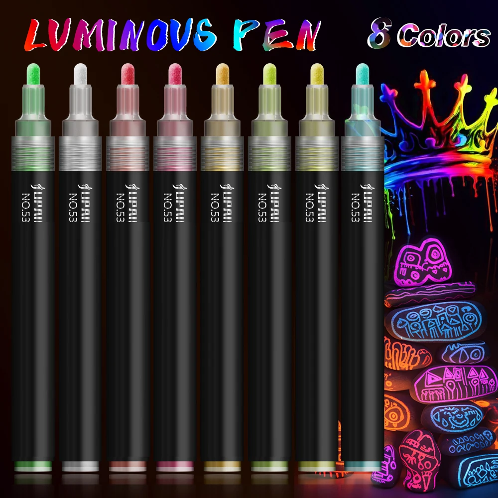 8 Colors Luminous Art Markers Permanent, Quick Drying For Painting DIY on Wood Stone Glass Art Stationery School Supplies