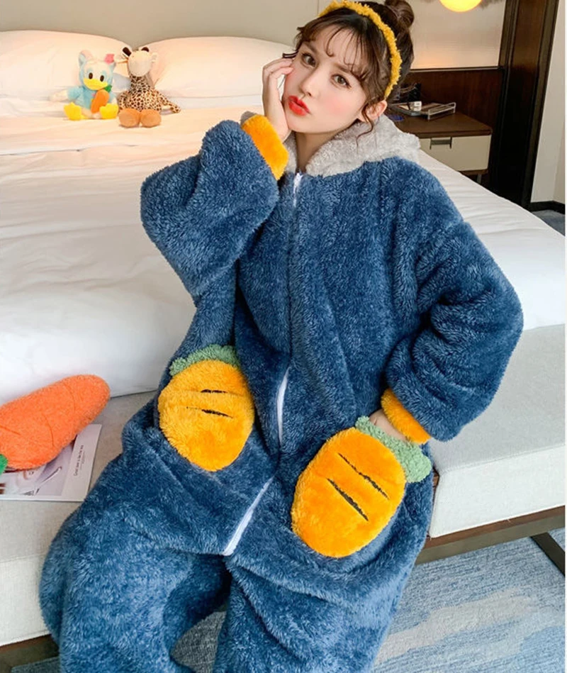 Navy Carrot Rabbit Jumpsuit Flannel Homewear Kigurumi For Women Adults Casual Loungewear Long Sleeve Fluffy Pajamas Nightgown