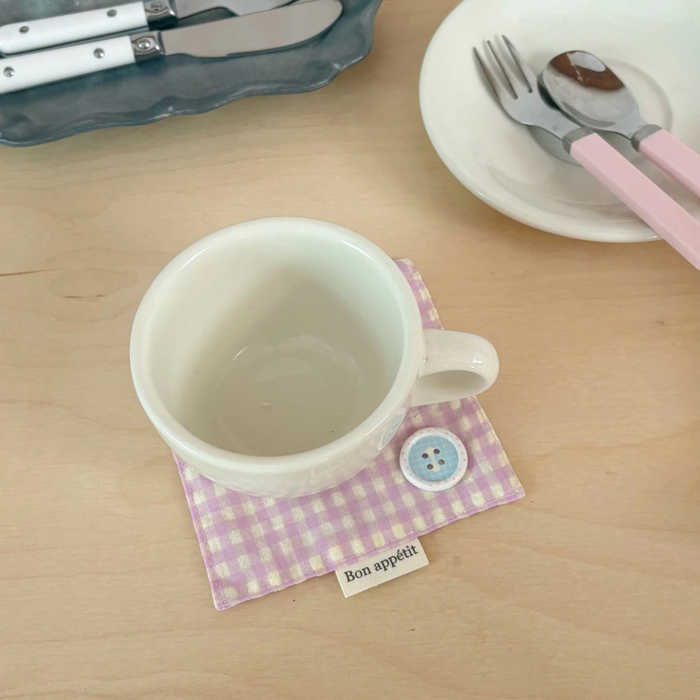 Original Handmade Cute Y2K Button Fabric Cotton Coaster Retro Plaid Insulation Mat Coffee Cup Placemat Table Decor