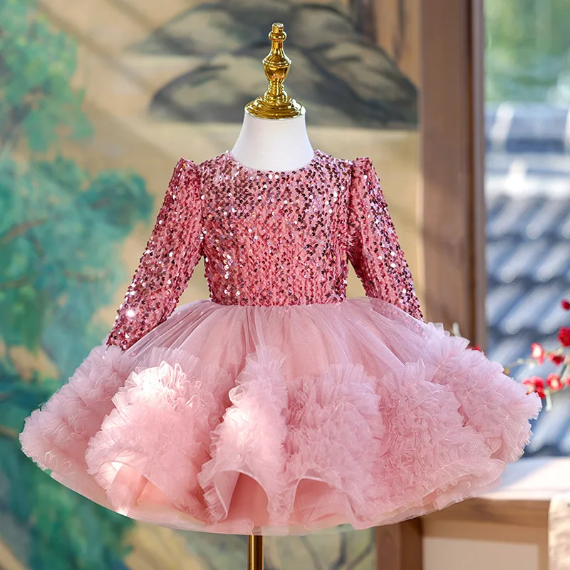 

Flower Girl Wedding Dress High End Fashion Show Dress Children Long Sleeves Performance Princess Dress Round Neck Sequin Frocks