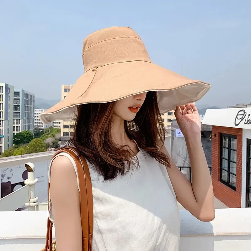 Spring Summer New Big Wide Brim Women Bucket Hat Solid Color Foldable UV Protection Outdoor Beach Panama Cap Sun Hats