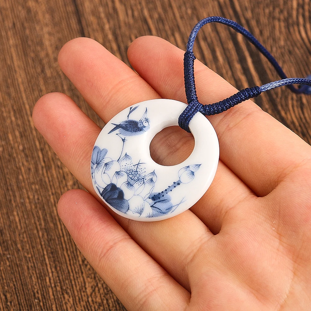 Chinese Blue and White Round Porcelain Ceramic Pendant Necklace for Women Butterfly Flower Lucky Charms Handmade Ethnic Jewelry