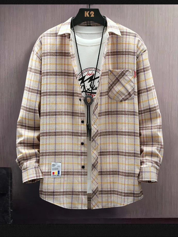 

Retro American Plaid Long Sve irt Loose Casual Coat for Men And Women Autumn Season Breathable Polyester Cotton Blend