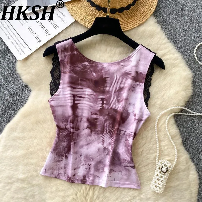 

HKSH Summer New Women Sexy Vest Hollow Out Backless Lace Patchwork Printed Sleeveless Slim Fit High Street Chic Tank Tops HK8174