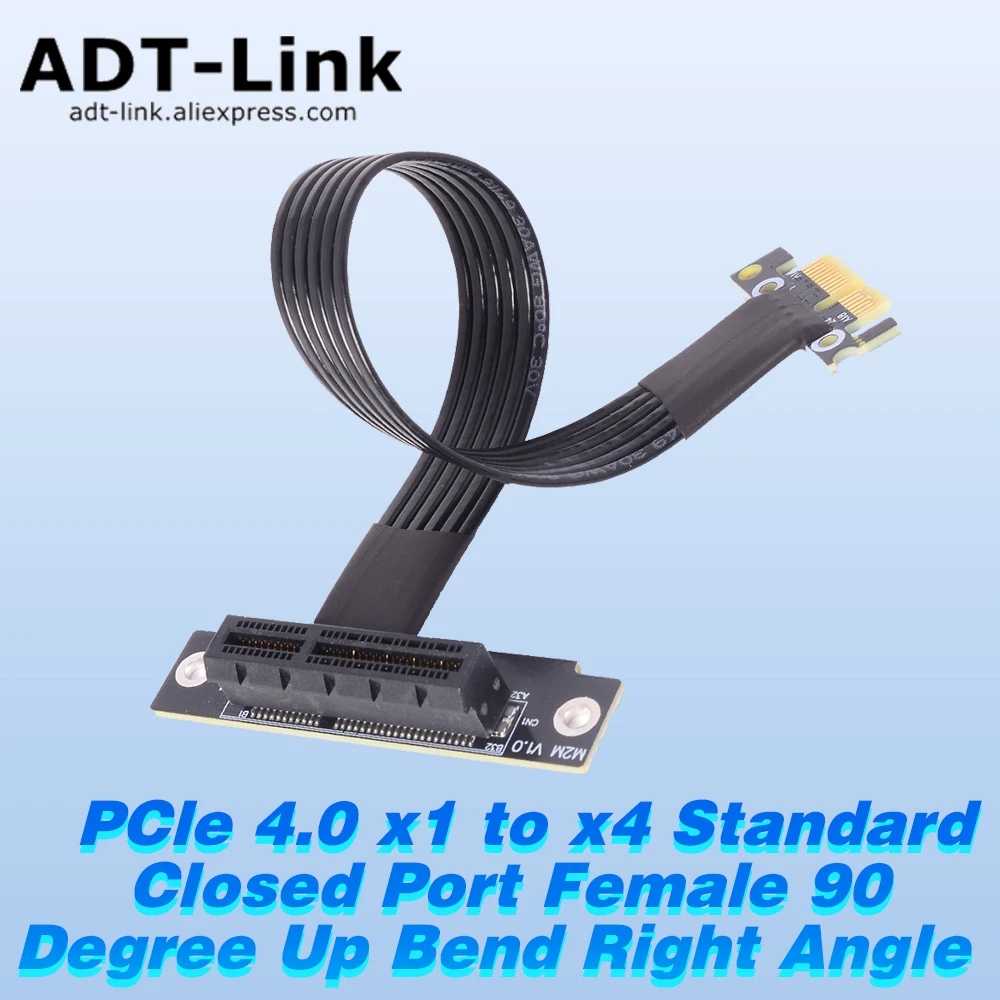 PCle 4.0 X1 To X4 Extension Standard Closed Port Female 90 Degree Up Bend Right Angle Model for PCIe X4 NVMe SSD, LAN, USB Cards