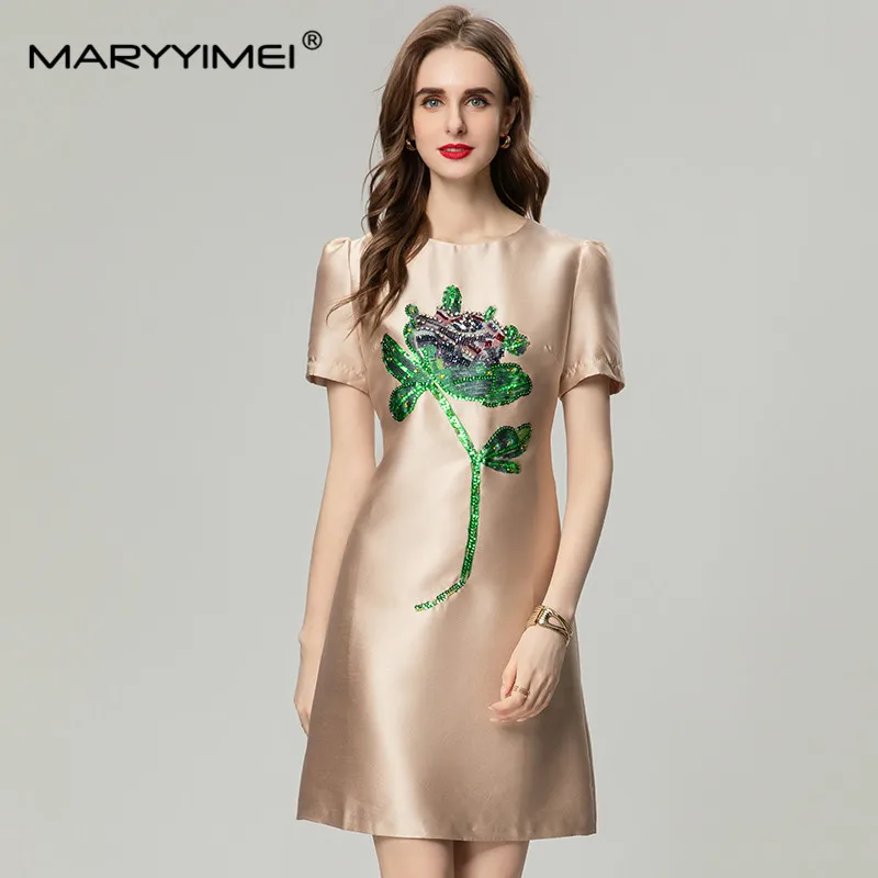 

MARYYIMEI Fashion Designer Women's New Vintage Short-Sleeved Sequin Diamond Elegant Loose Waist Summer A-Line Mini Dresses