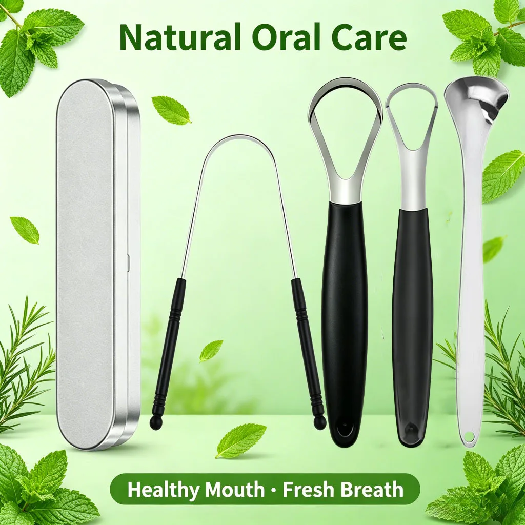 4Pcs Stainless Steel Tongue Scraper Set with Iron Box,Non-Slip Handle Tongue Cleaner, Reusable Adult Oral Care Tool for Reducing