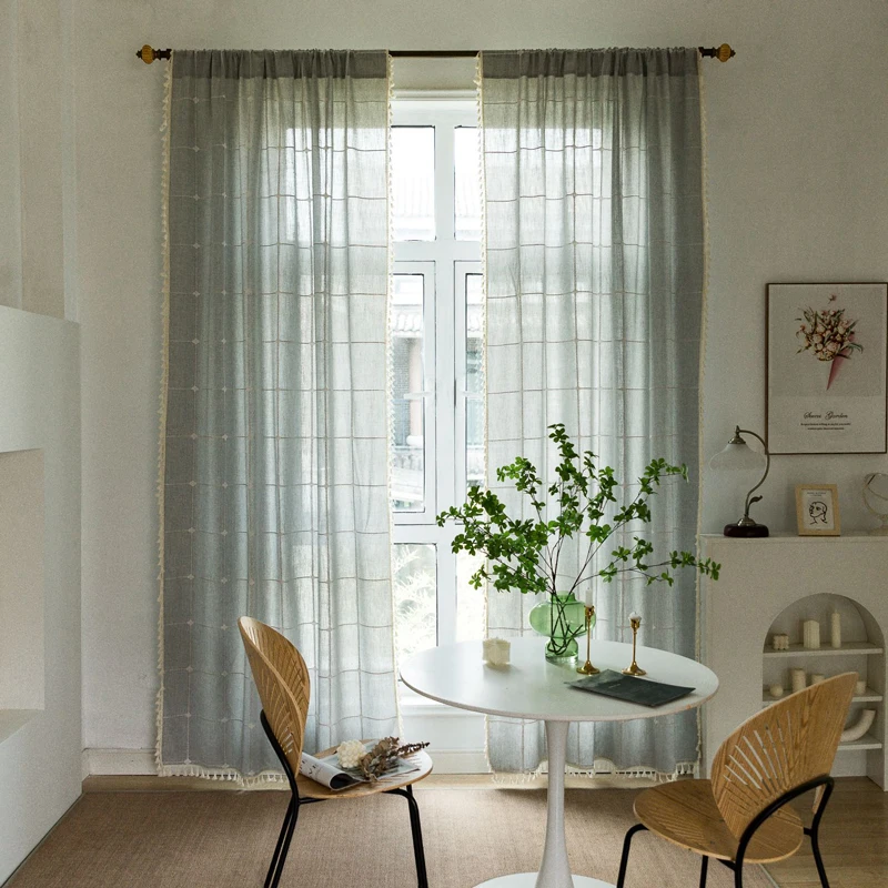 

Boho Blackout Plaid Curtains Cotton Linen Drapes with Tassels Embroidered Farmhouse Curtains for Living Room Bedroom Home Decor