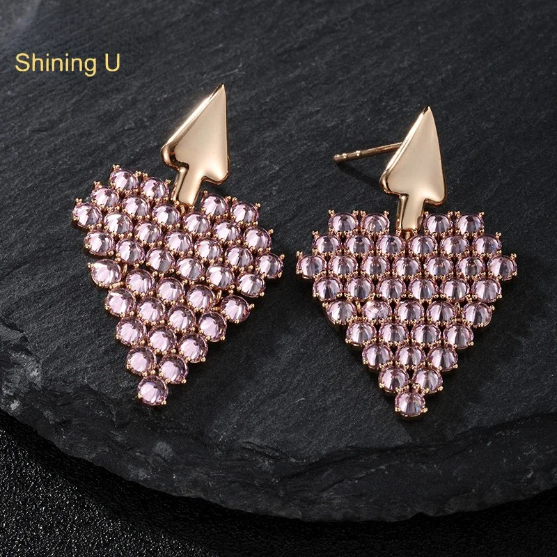 

Shining U Colored Gems Pink Heart Stud Earrings for Women Fashion Jewelry Gift