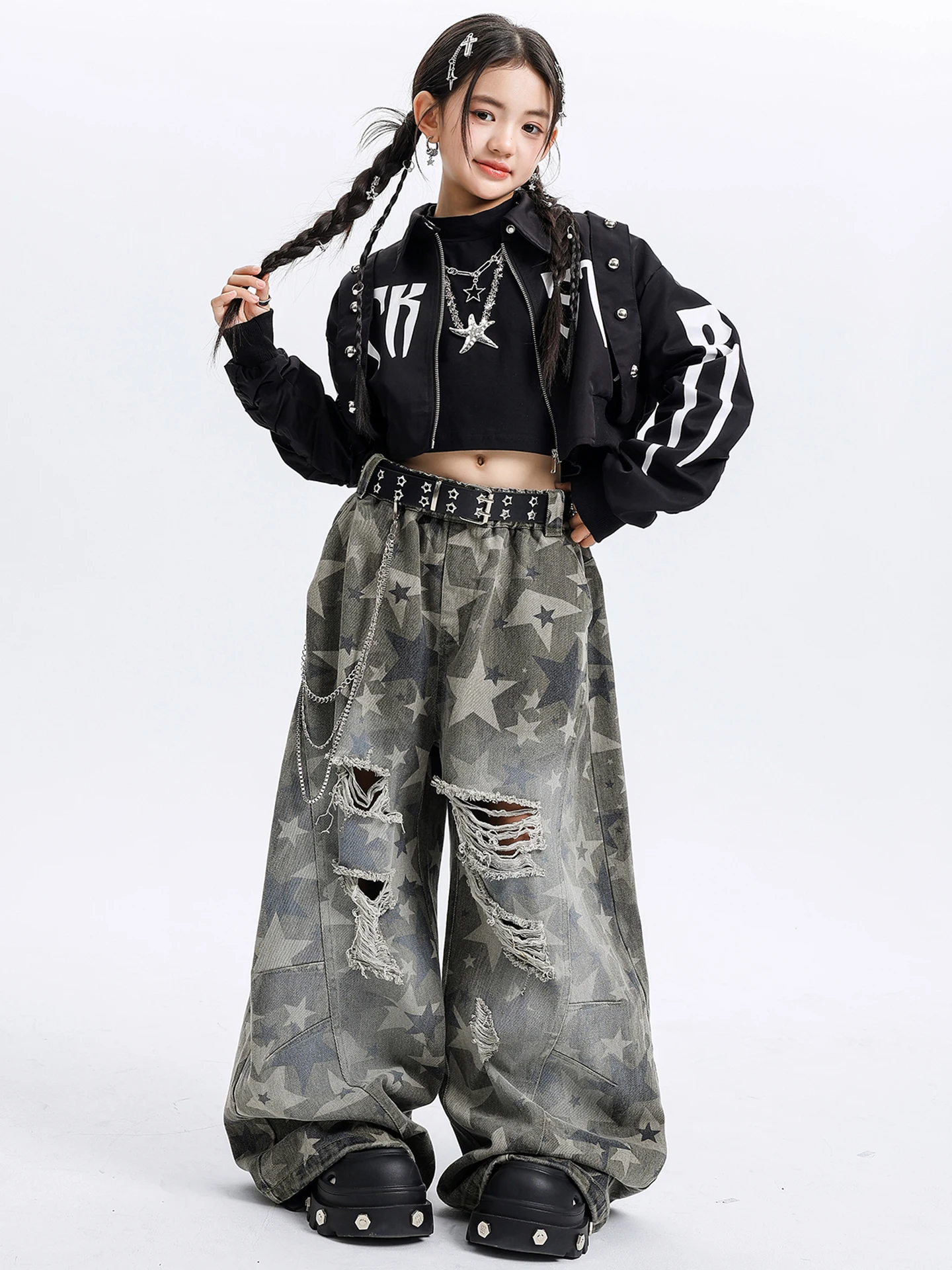 Stroje do tańca hip-hop dla dzieci na rok 2025, dla dziewcząt, krótki płaszczyk, luźne spodnie, odzież uliczna, taniec jazzowy, ubrania rave, DQS21347