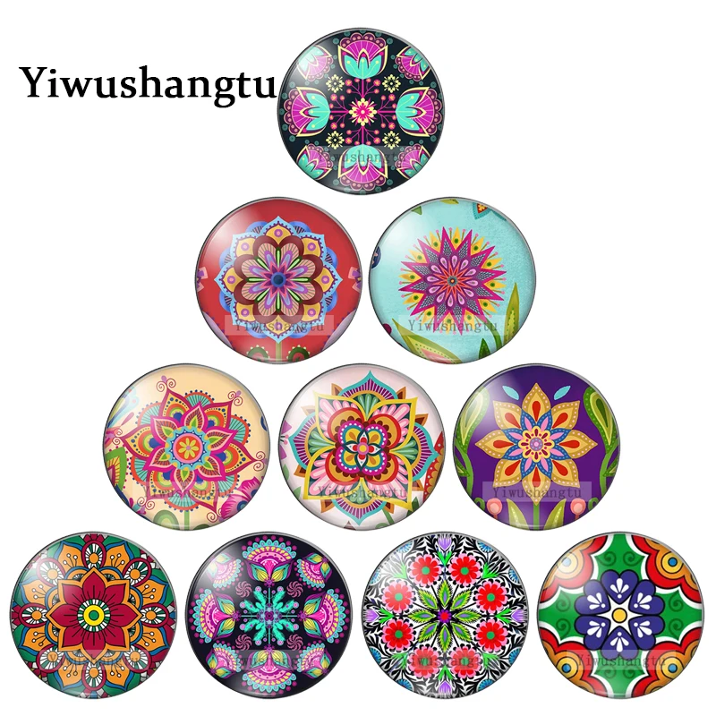 Colorful mandala wreath Art Flowers Paintings  8mm/12mm/20mm/25mm Round photo glass cabochon demo flat back Making findings